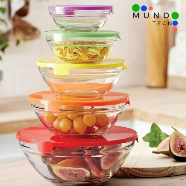 SET X5 UNIDADES -  BOWLS DE VIDRIO Y TAPA PLASTICA