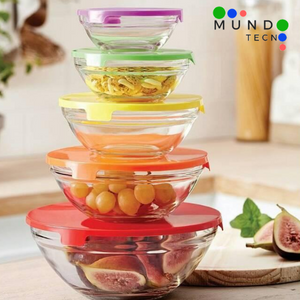 SET X5 UNIDADES -  BOWLS DE VIDRIO Y TAPA PLASTICA