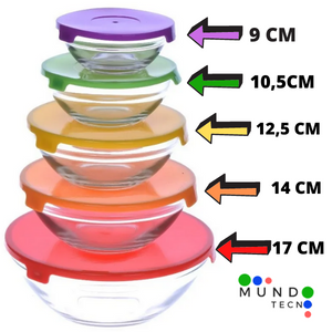 SET X5 UNIDADES -  BOWLS DE VIDRIO Y TAPA PLASTICA