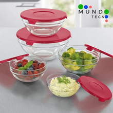 Cargar imagen en el visor de la galería, SET X5 UNIDADES -  BOWLS DE VIDRIO Y TAPA PLASTICA